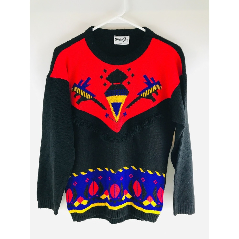 Helen Sue Sweater, Women's Size Medium? Black Red Multicolor, Crew Neck, Vintage